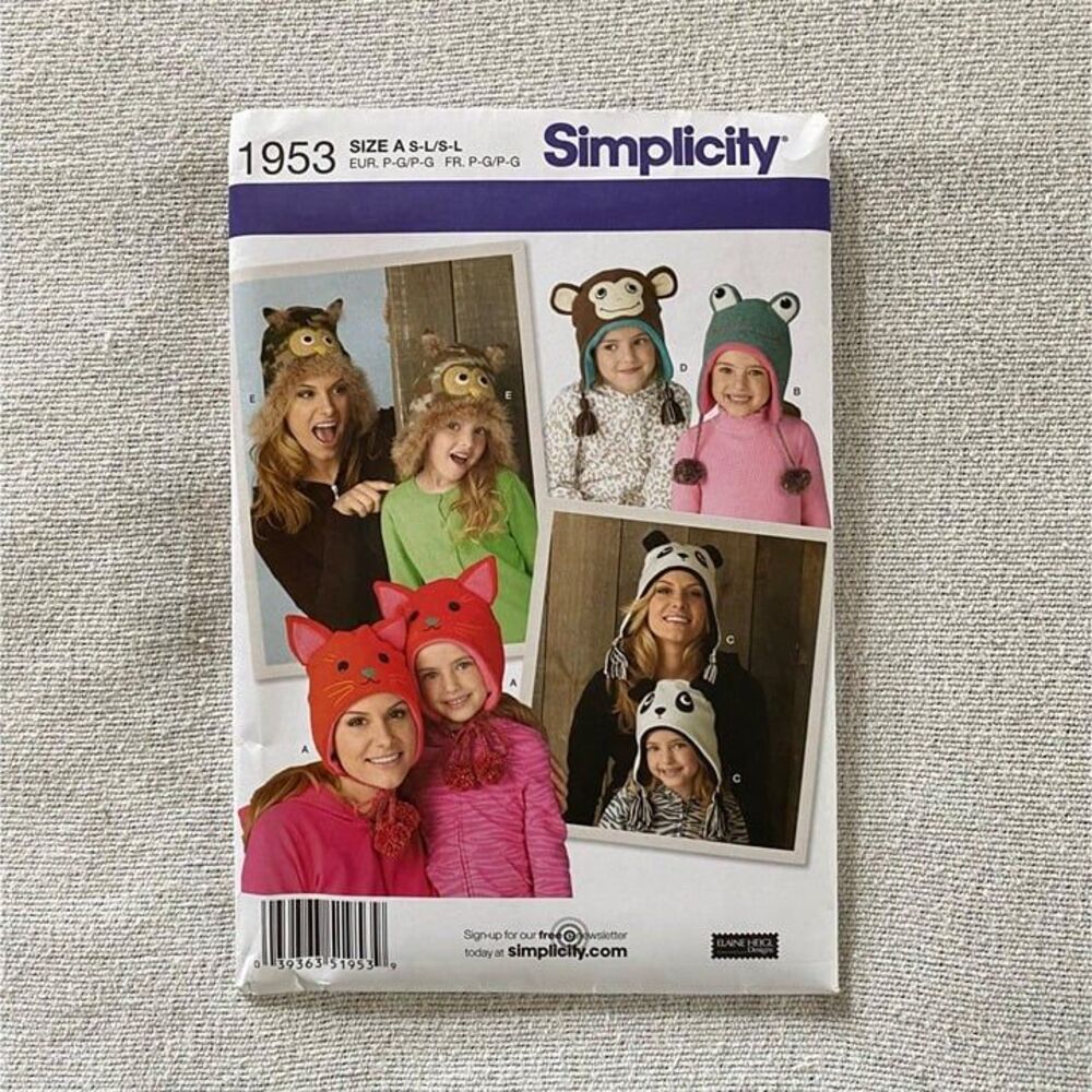 Simplicity 1953 Misses & Childs Animal Hats Sewing Pattern Owl Cat Panda UNCUT
